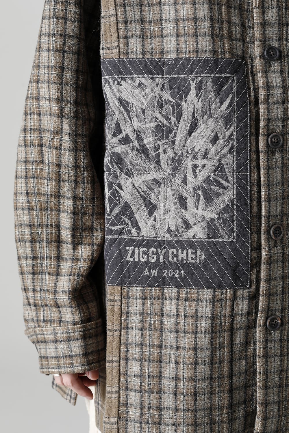 Oversized Plaid Worker Shirt Jacket With Patchwork