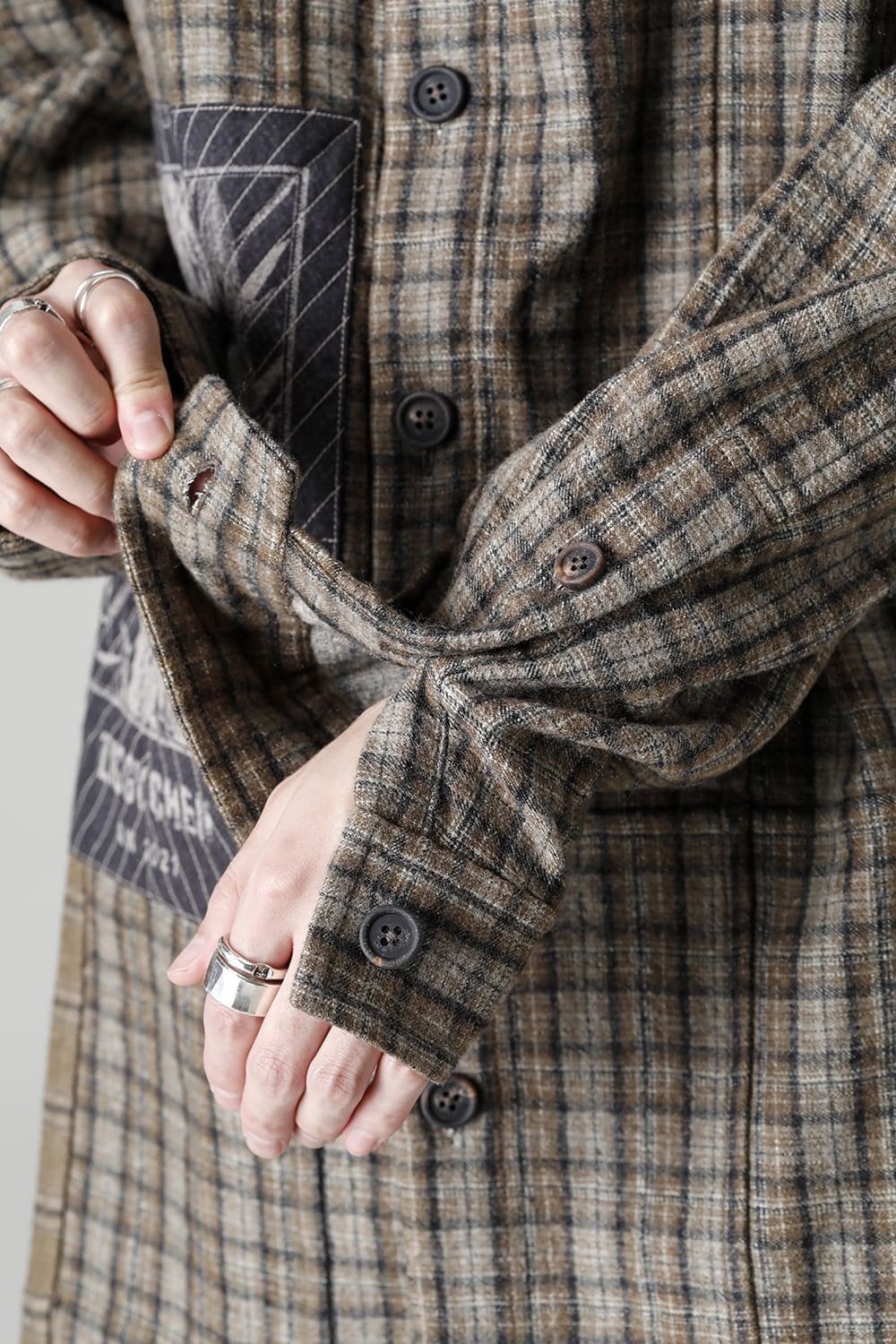 Oversized Plaid Worker Shirt Jacket With Patchwork