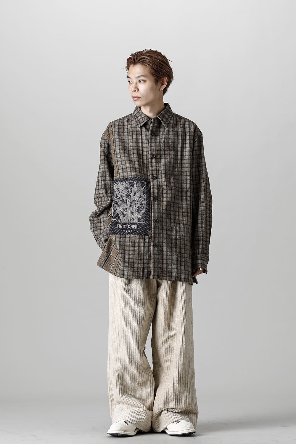 Oversized Plaid Worker Shirt Jacket With Patchwork