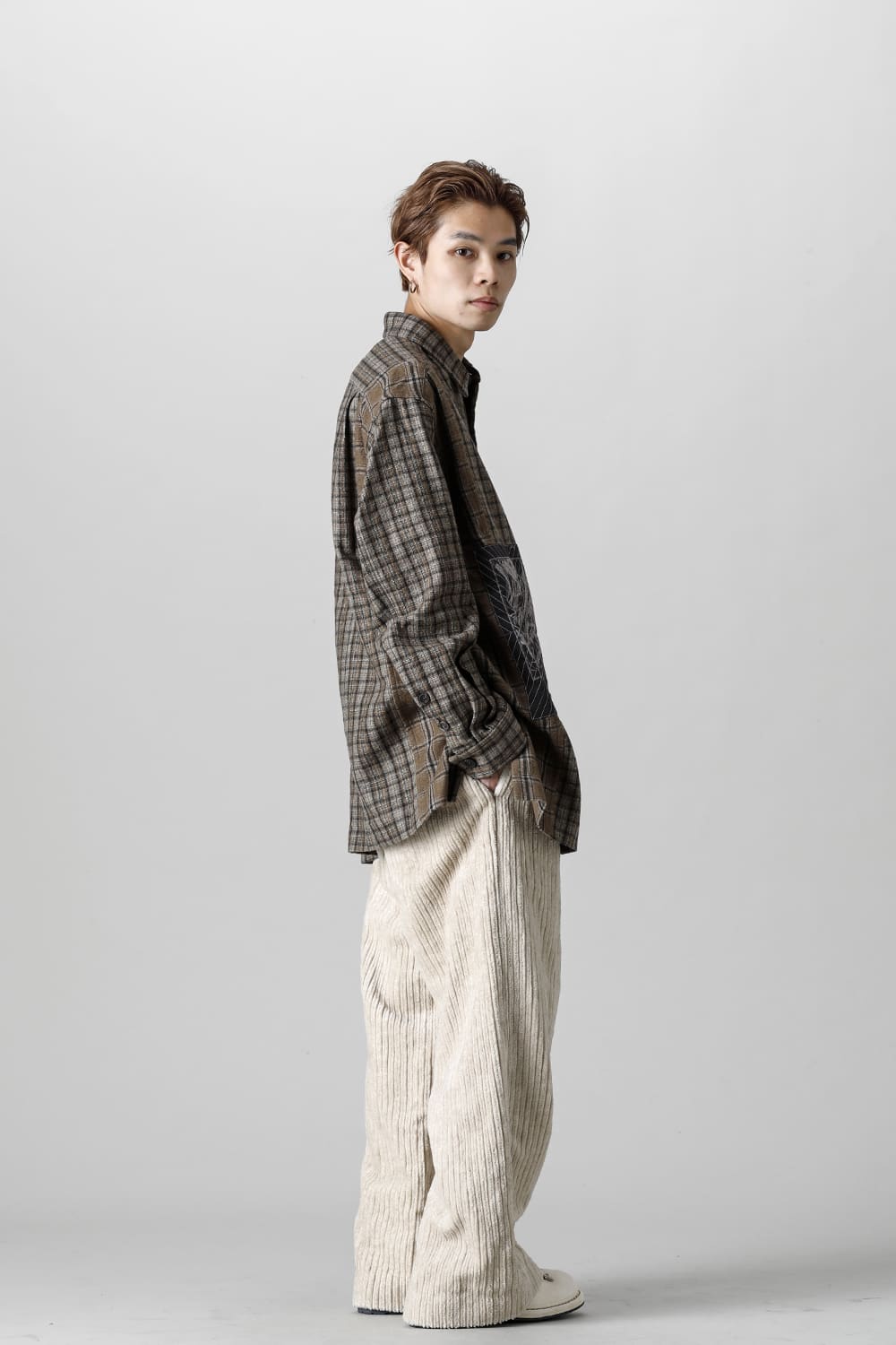 Oversized Plaid Worker Shirt Jacket With Patchwork
