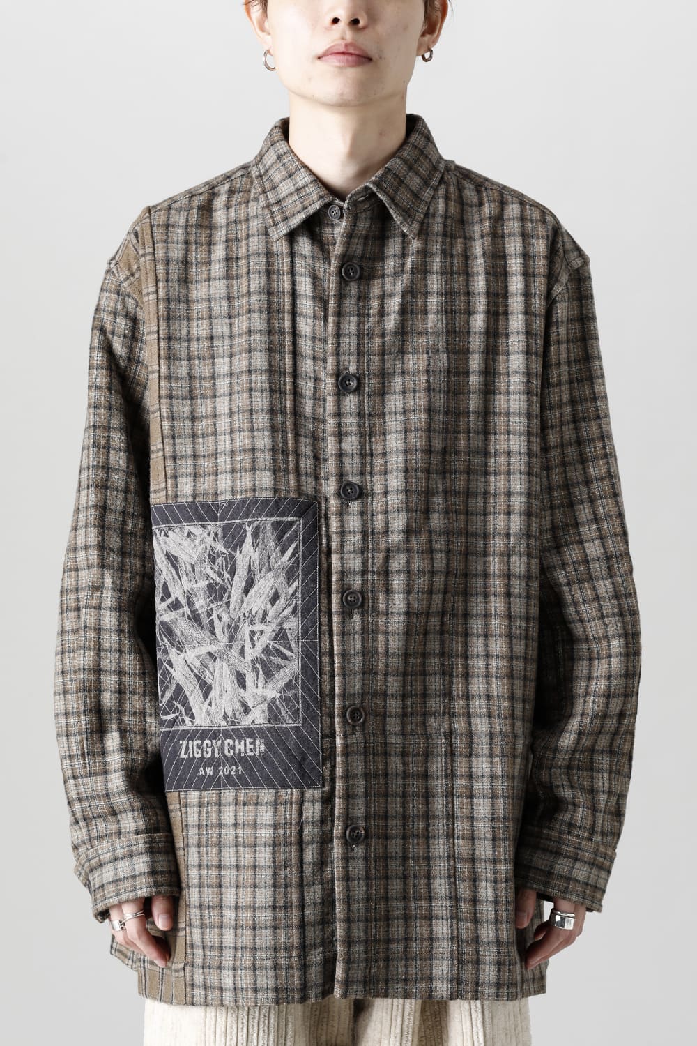 Oversized Plaid Worker Shirt Jacket With Patchwork