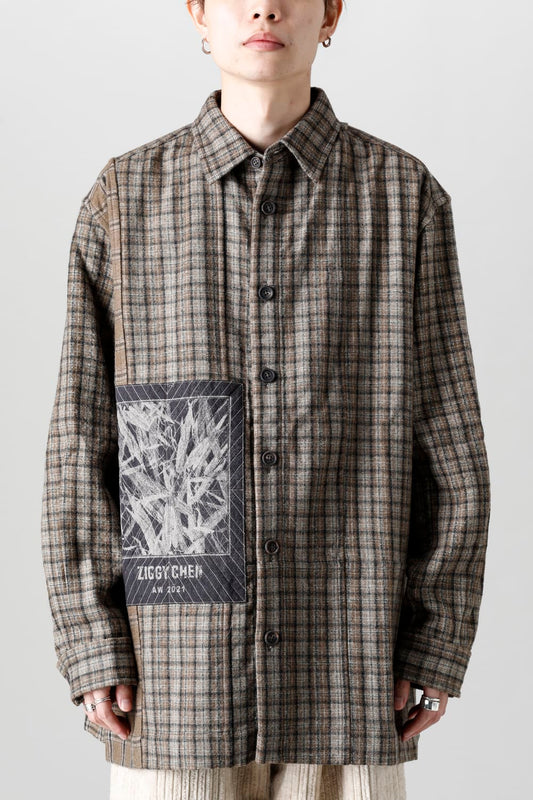 Oversized Plaid Worker Shirt Jacket With Patchwork