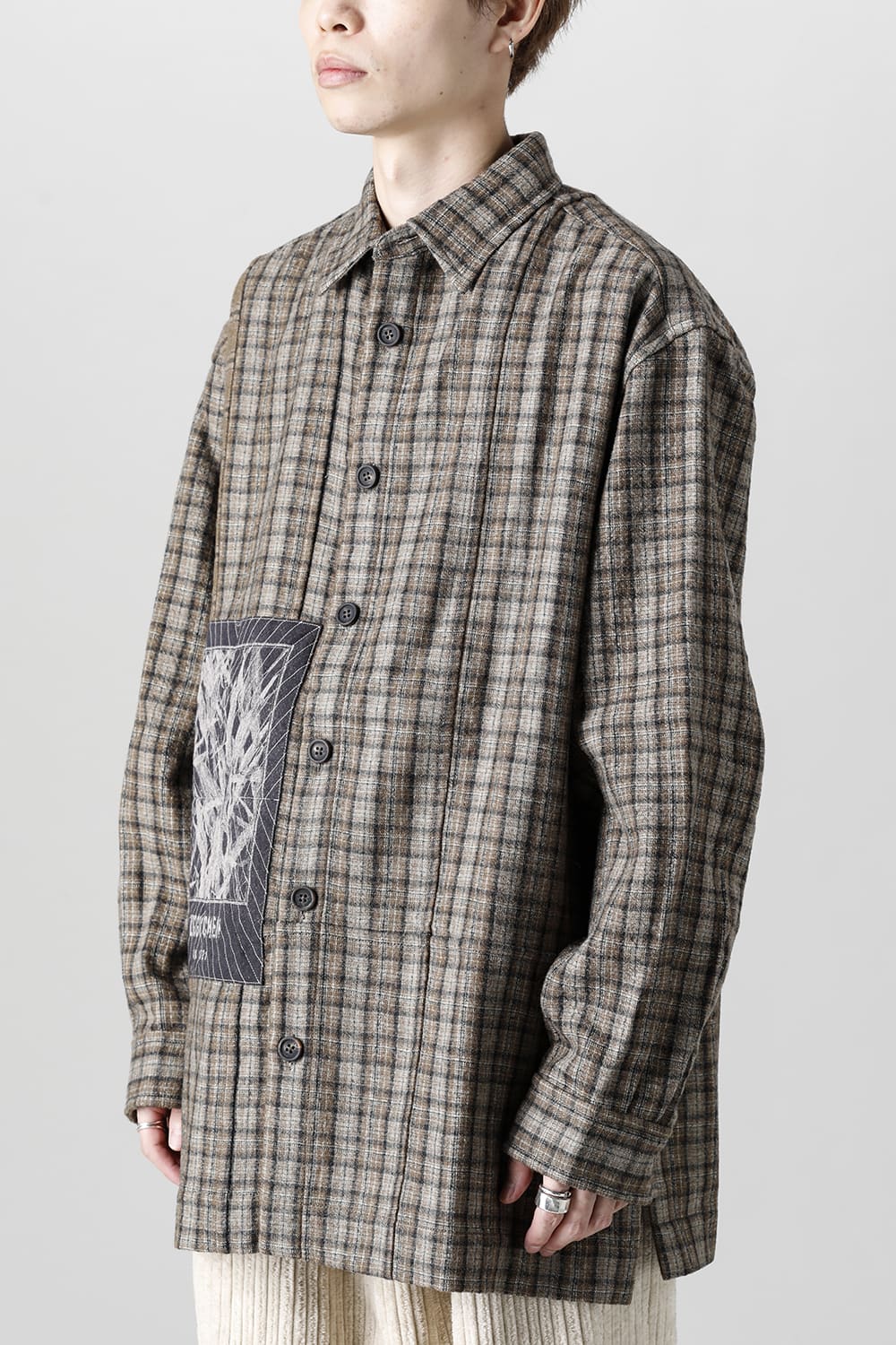 Oversized Plaid Worker Shirt Jacket With Patchwork