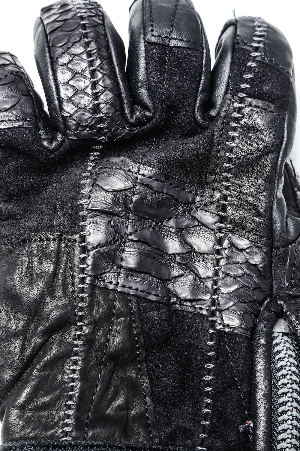 パッチワーク マルチレザー オーバーロック ジップグローブ