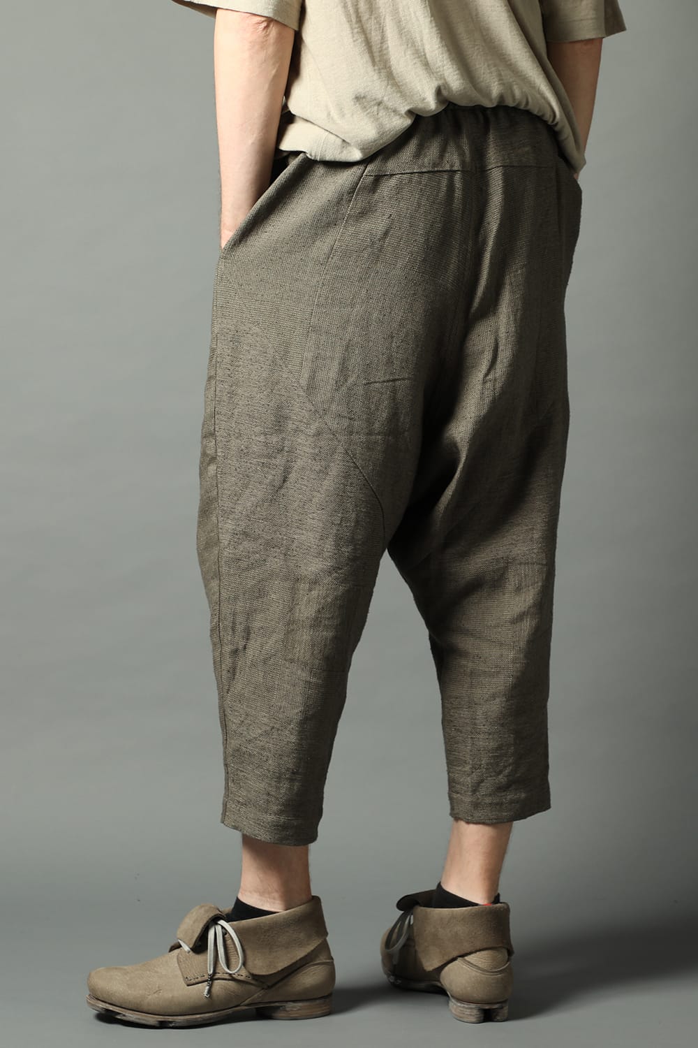 Dropcroch cropped pants silk linen crazy check  Beige Gray