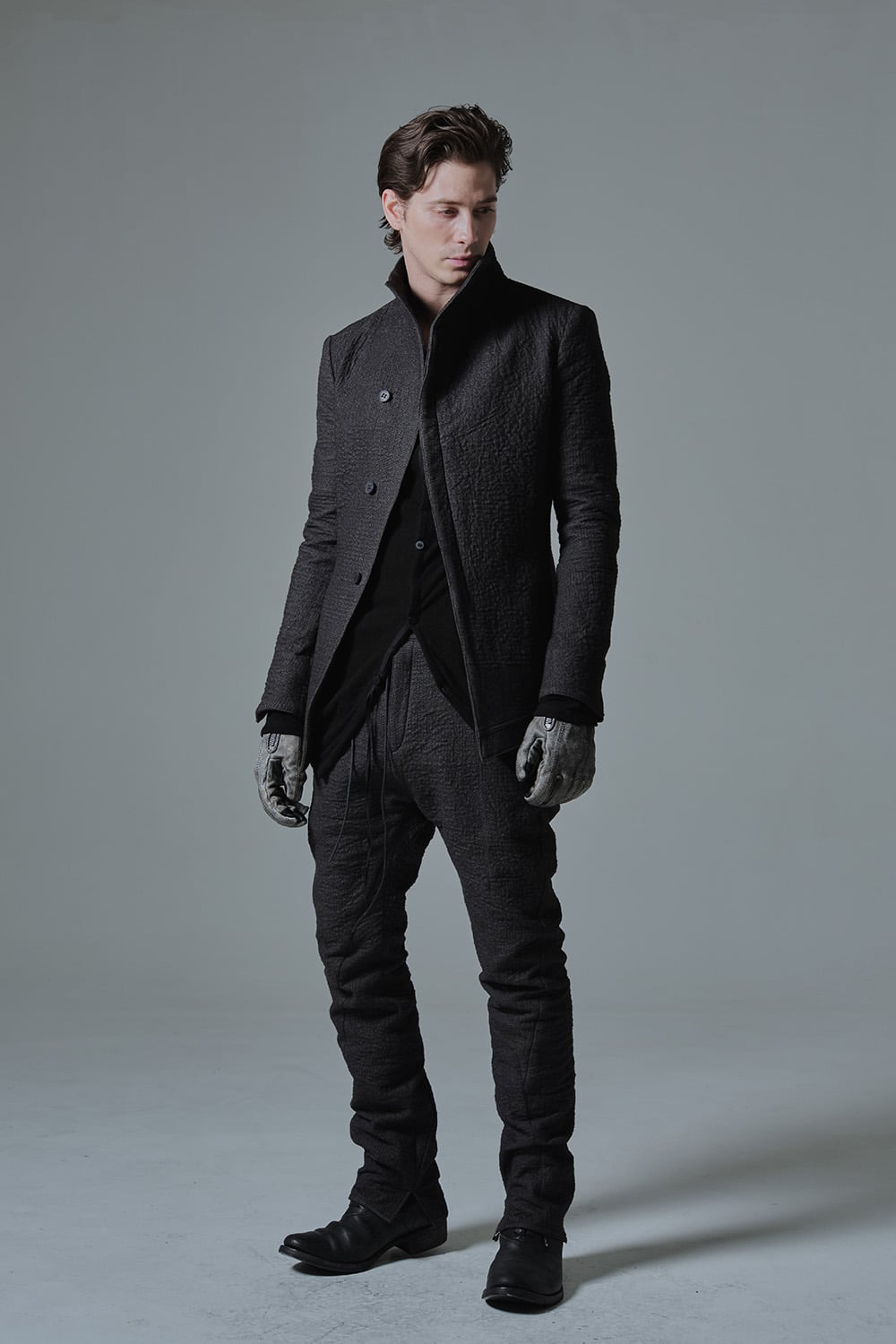 Hand Dyed Linen ×  Freece Needle Punch  Drop Crotch Slim Pants Charcoal - ST107-0039A