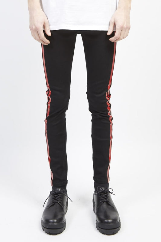 EX fit denim side line leggings pants Black × Red