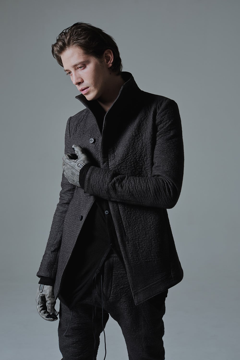 Hand dyed linen x Fleece needle punch High neck jacket Charcoal - ST104-0049A