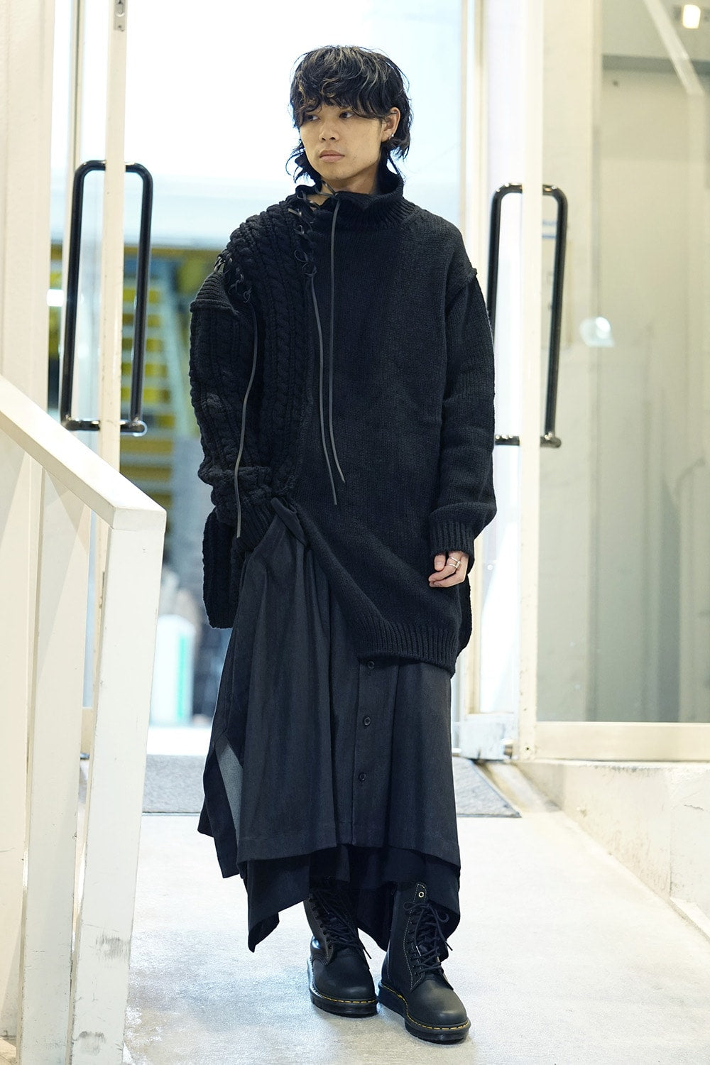 Leather Lace Seam Grafting Turtleneck Knit