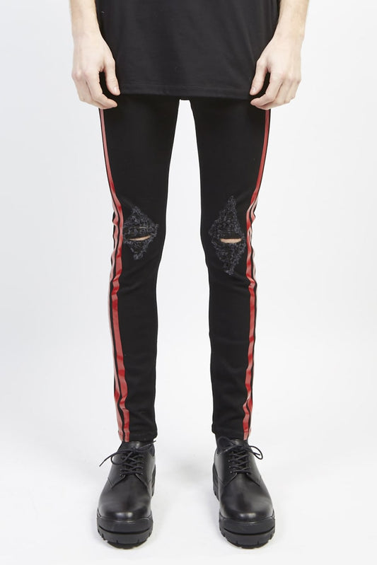 EX fit denim side line leggings pants (knee crash) Black × Red