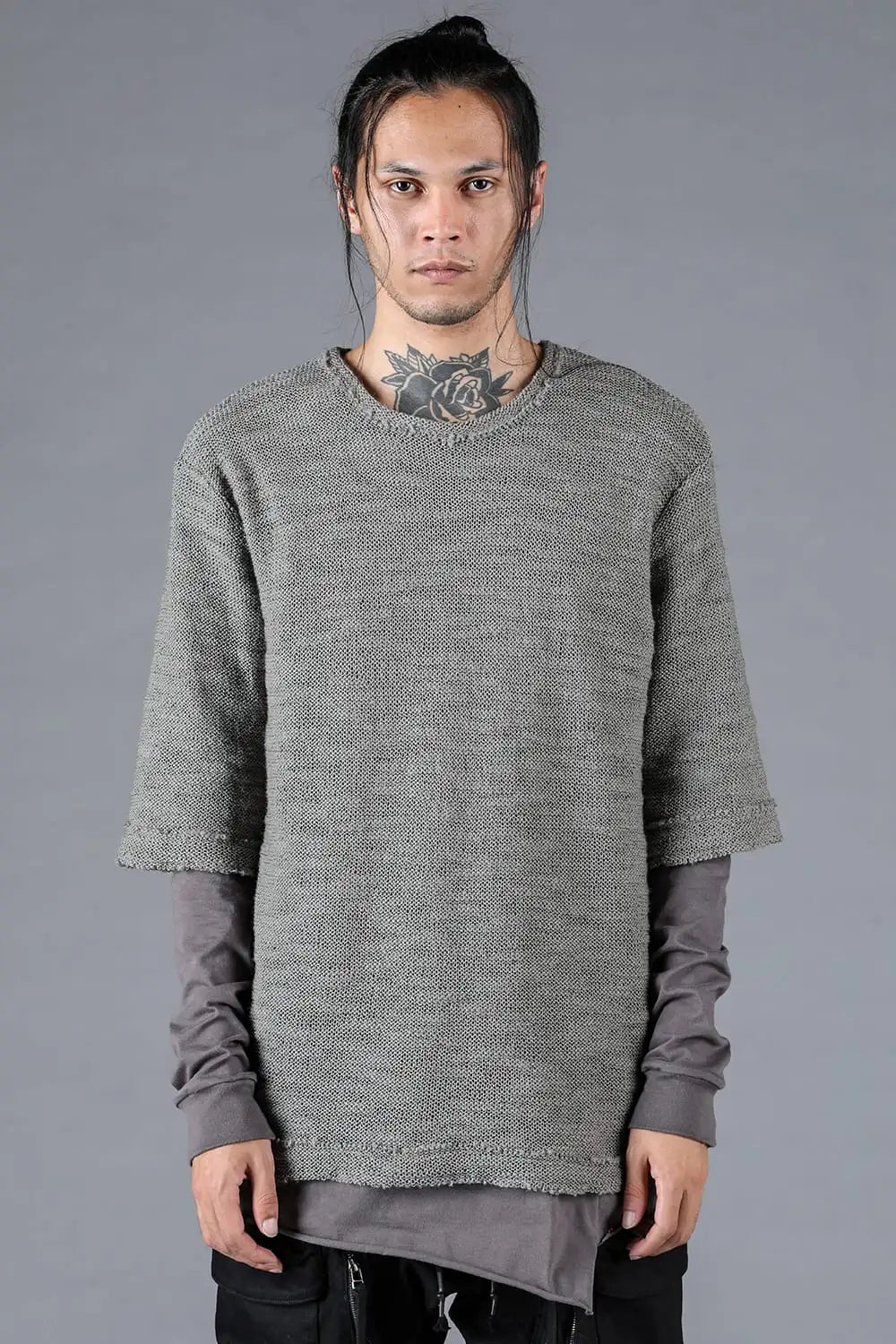 ローゲージニット×コットンジャージレイヤードTシャツ グレー