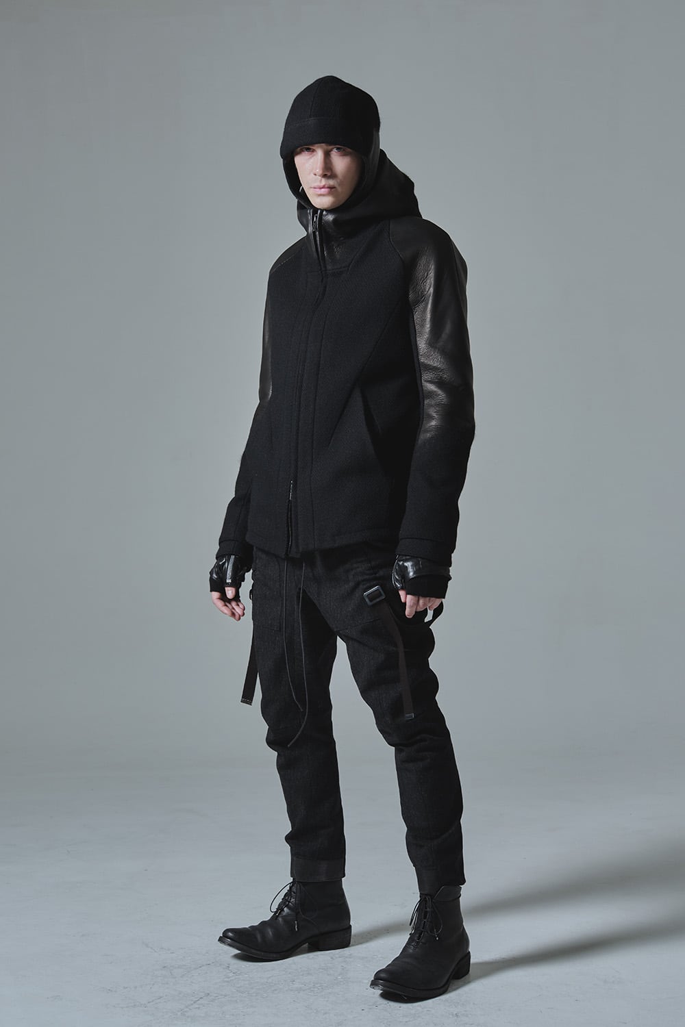 Leather needle punch Hooded jacket - ST104-0059A