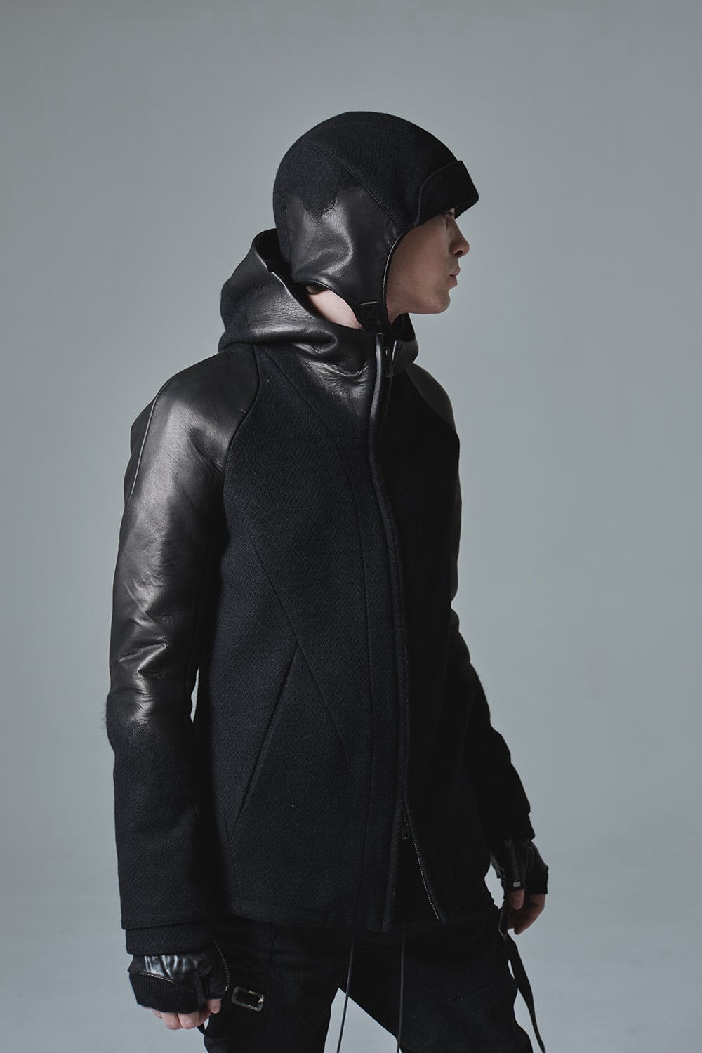 Leather needle punch Hooded jacket - ST104-0059A