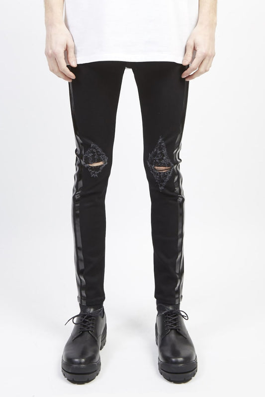 EX fit denim side line leggings pants (knee crash) Black × Black