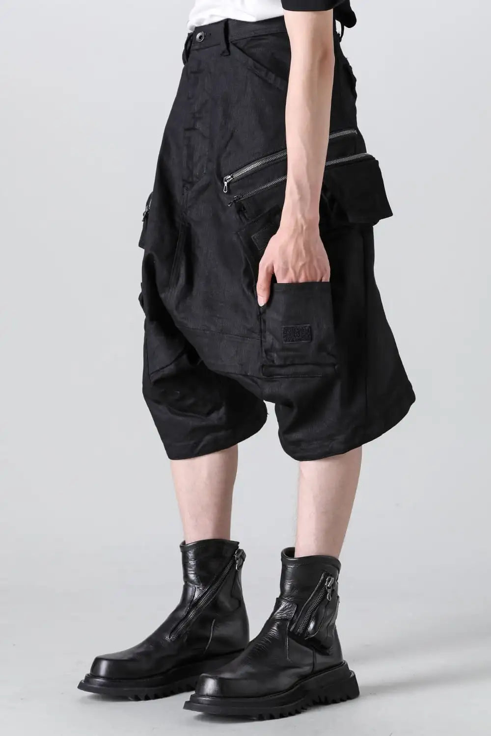 10.5oz Stretch Denim Cargo Short Pants Black