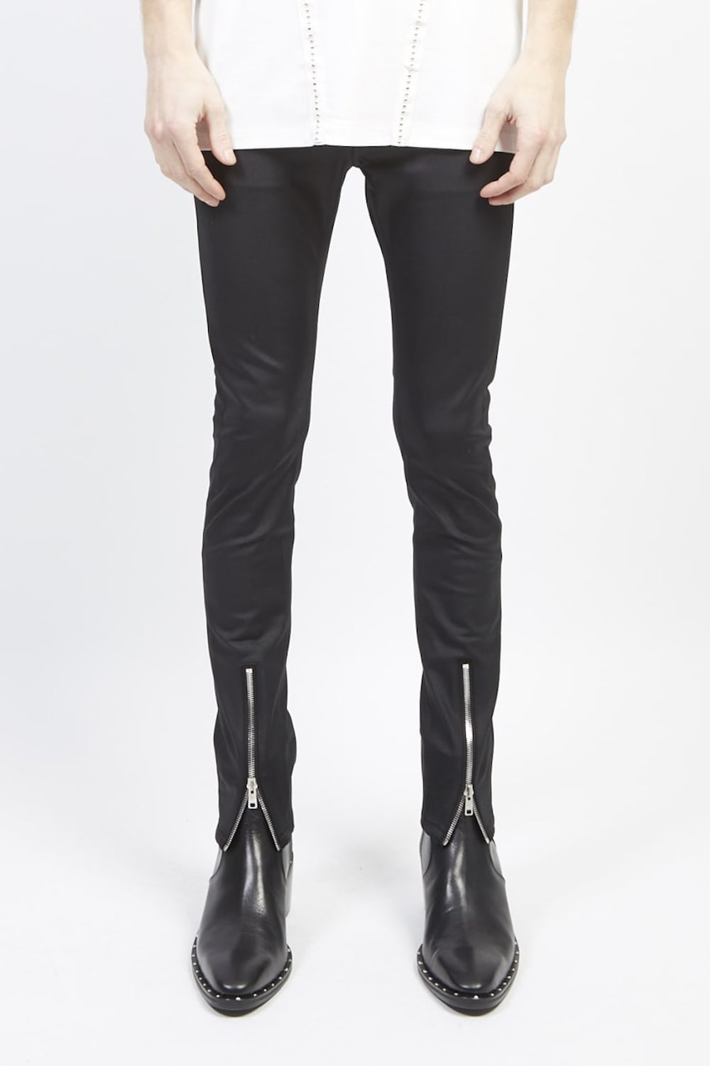 Leatherlike high tension stretch skinny zip pants