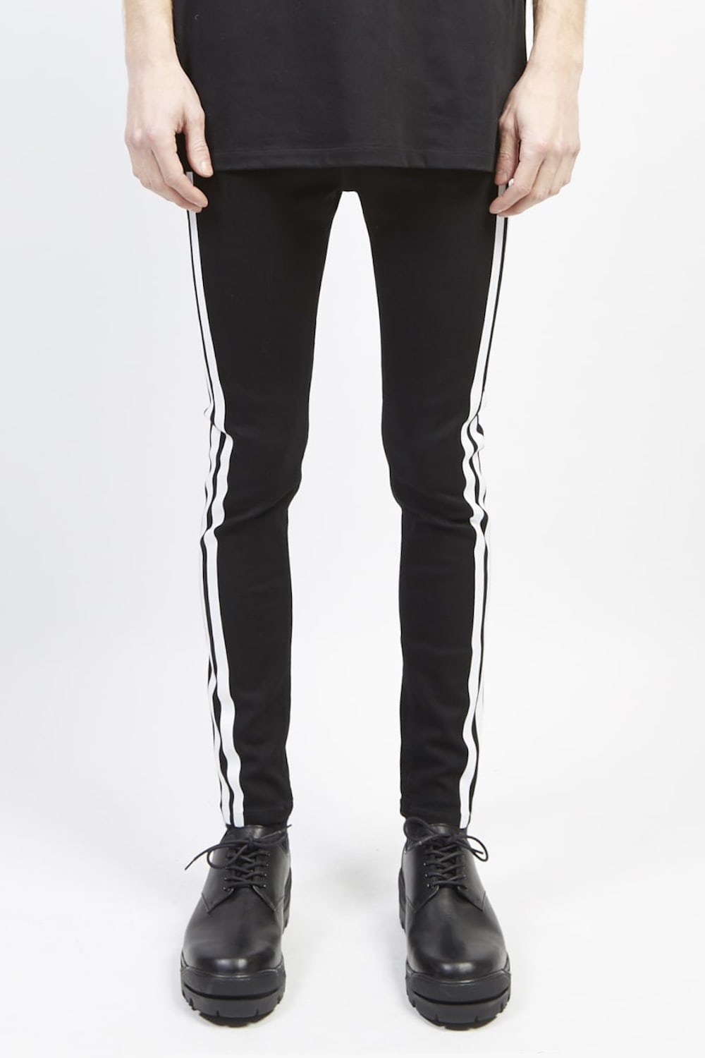 EX fit denim side line leggings pants Black × Off White