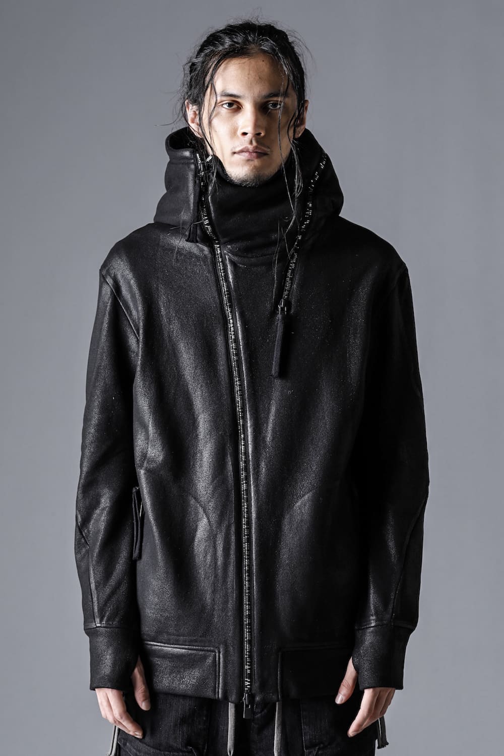 Untwisted yarn fleece-lined coated double zip hooded jacket