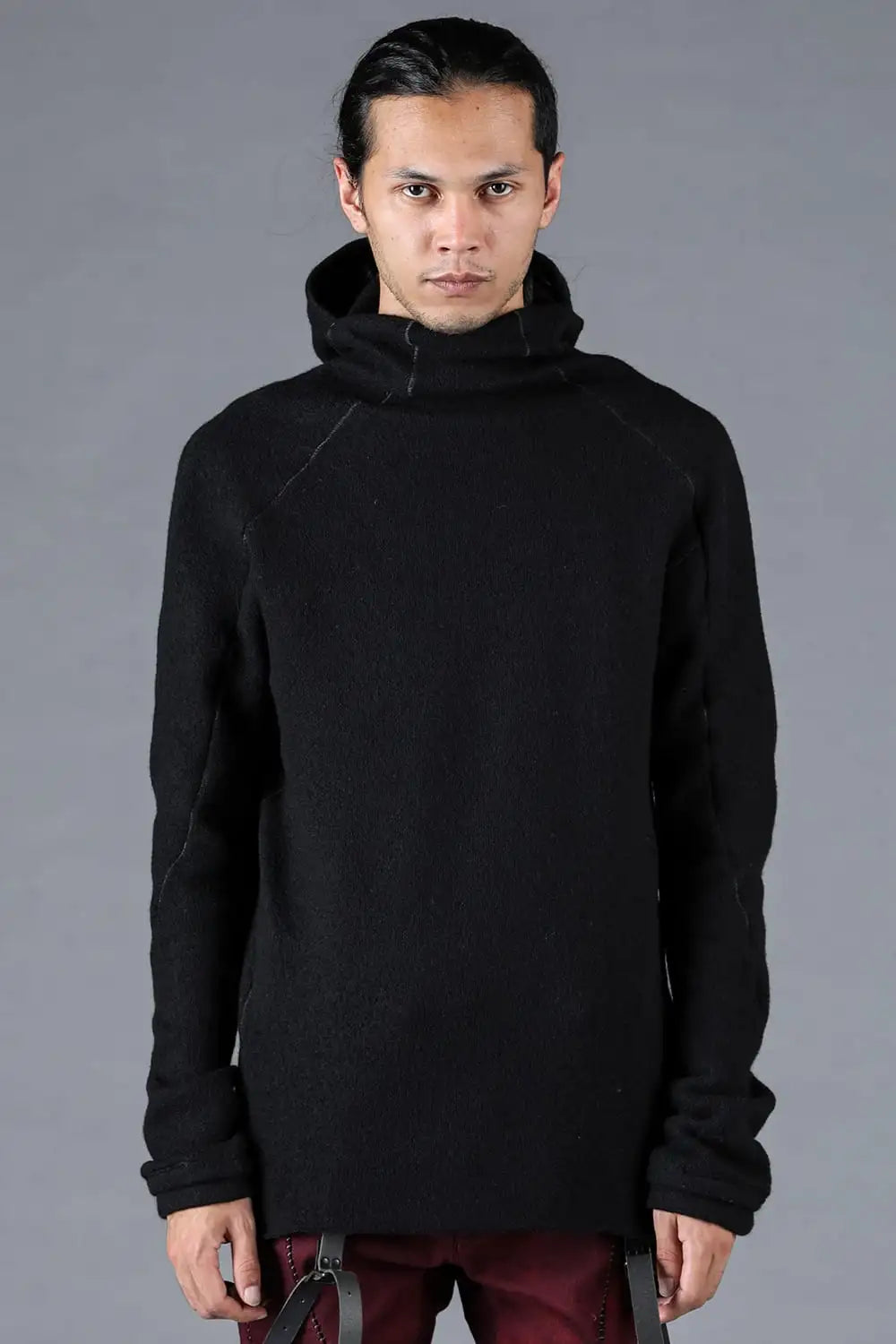 Wool Cotton Knit Balaclava Long Sleeve T-Shirt Black