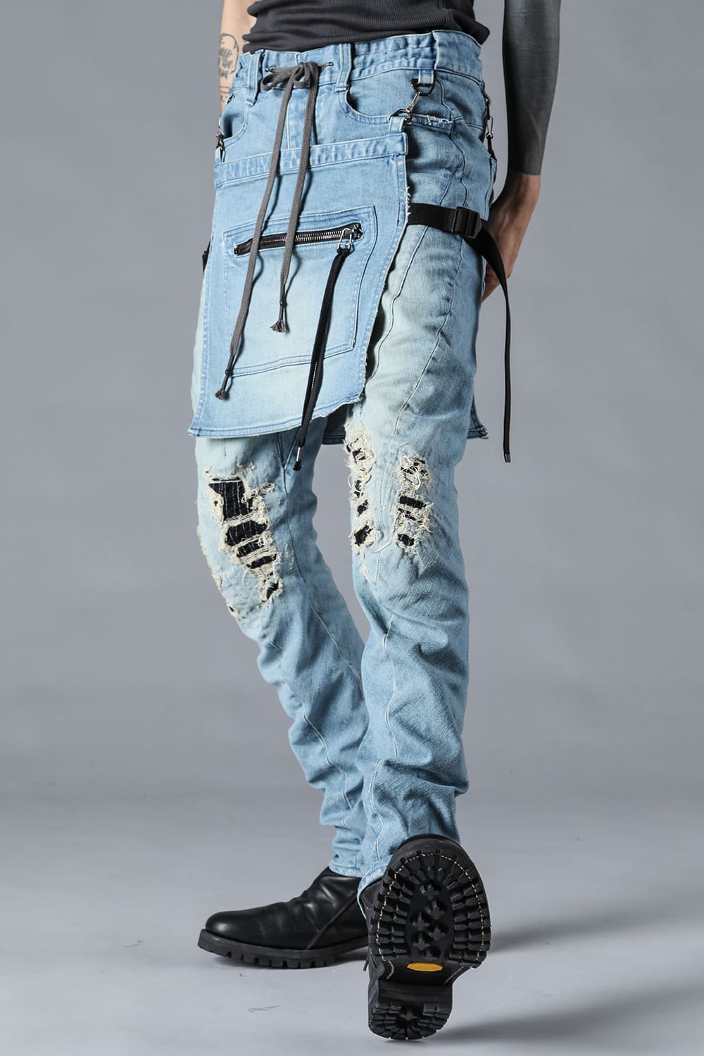 Bum Flap Distressed Denim Drop Crotch Slim Pants