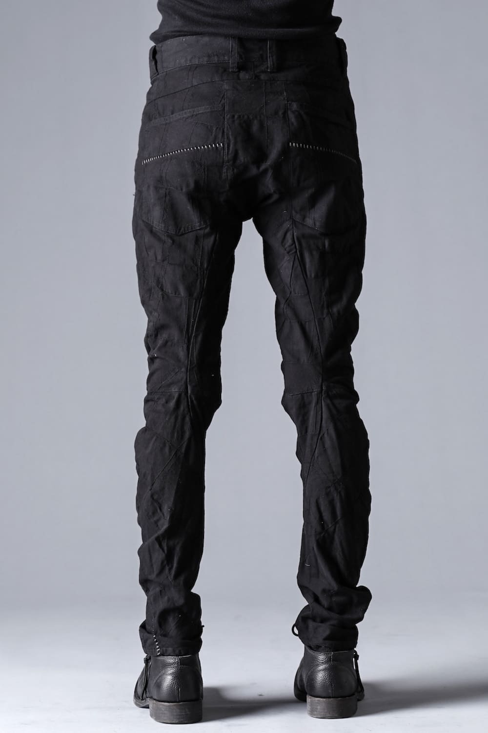 SCAB Patchwork Jagged Stretch Cotton Overlock Twisted Curved Slim Pants Black Charcoal Stitch