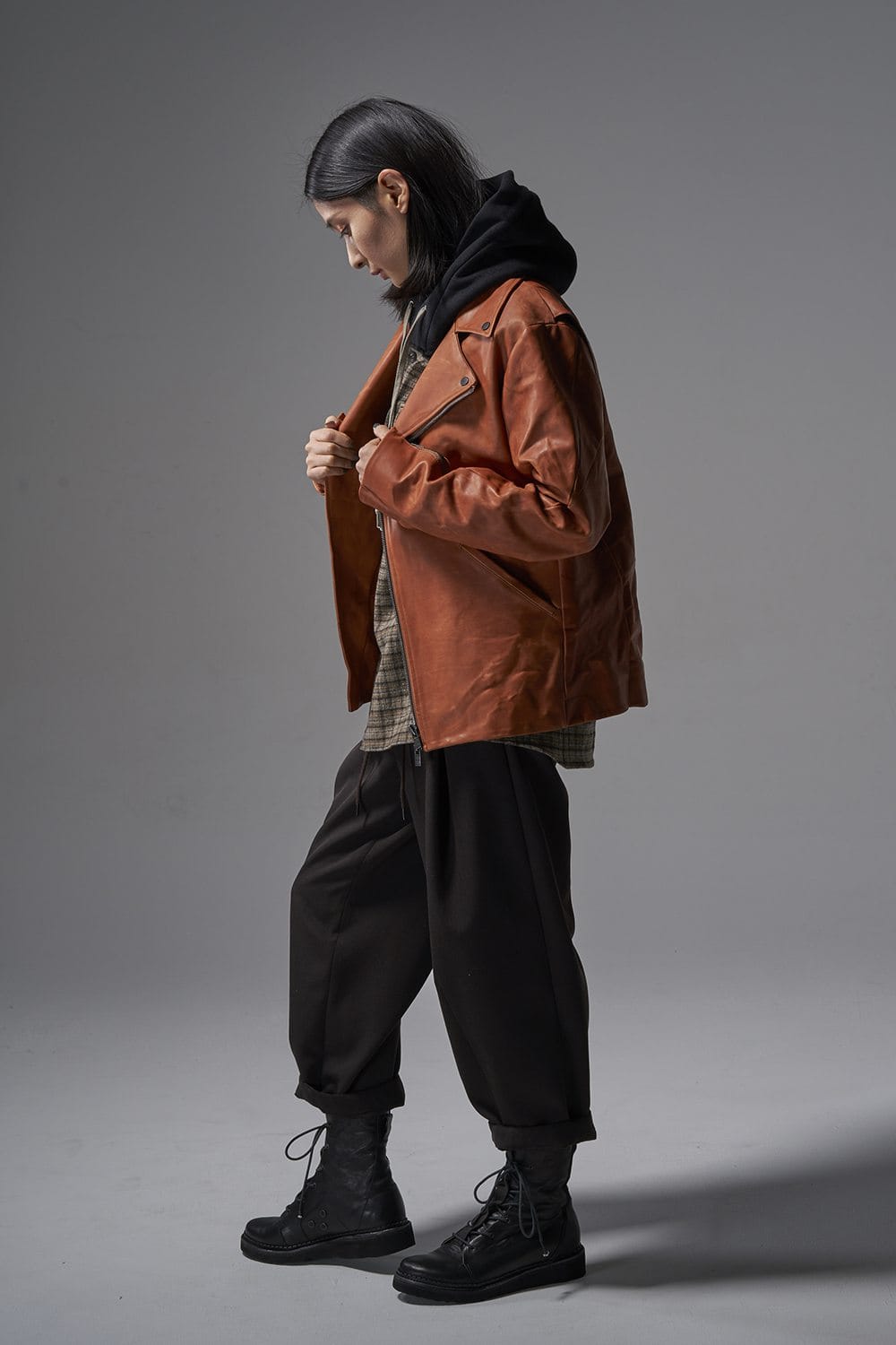 GUIDI Calf Leather Double Riders Jacket Antique