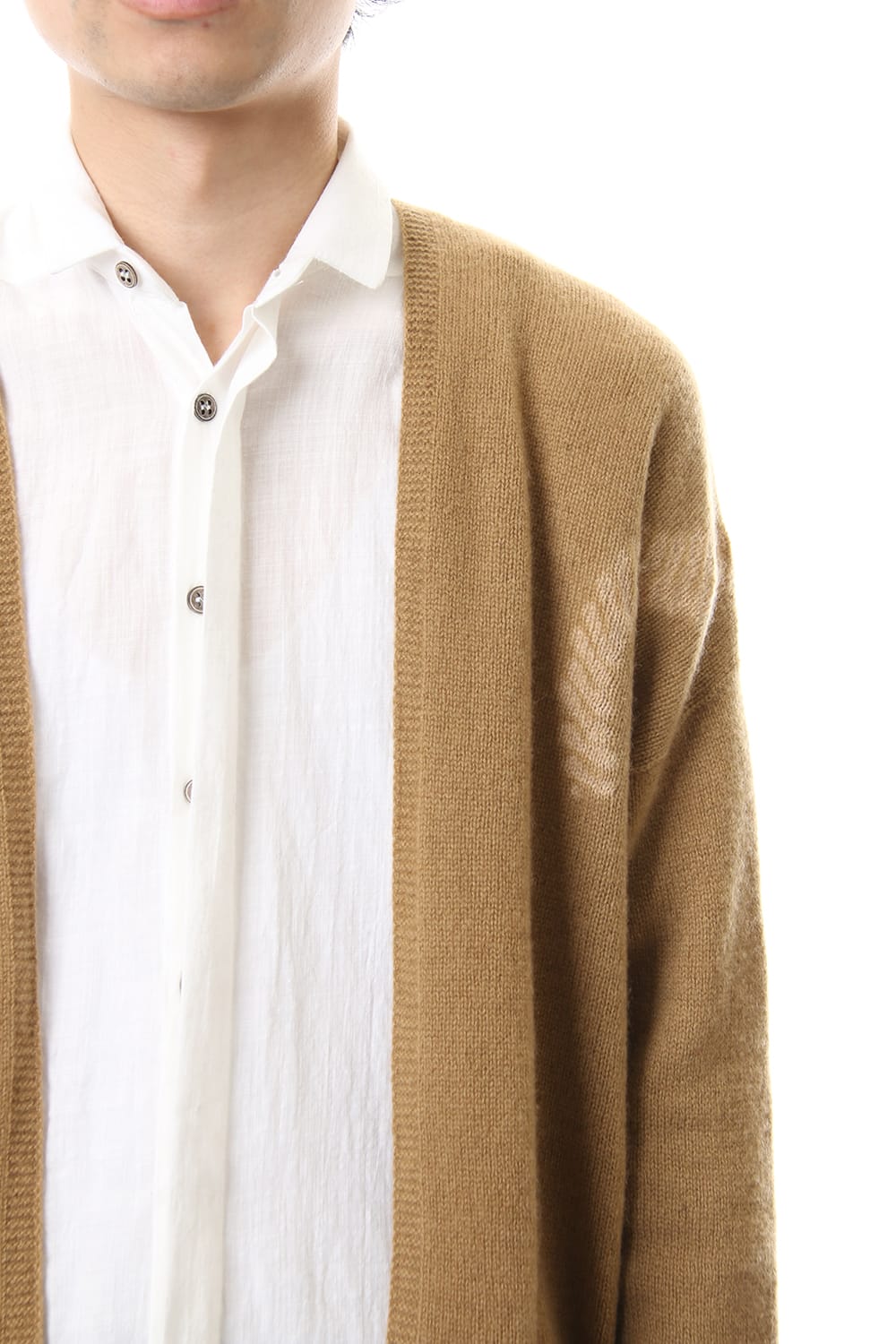 Cashmere Seamless Cardigan "Rope" Shibori Makinui Camel / Ecru