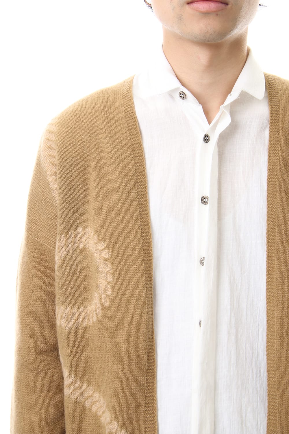 Cashmere Seamless Cardigan "Rope" Shibori Makinui Camel / Ecru