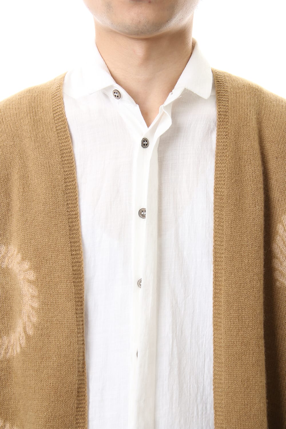 Cashmere Seamless Cardigan "Rope" Shibori Makinui Camel / Ecru