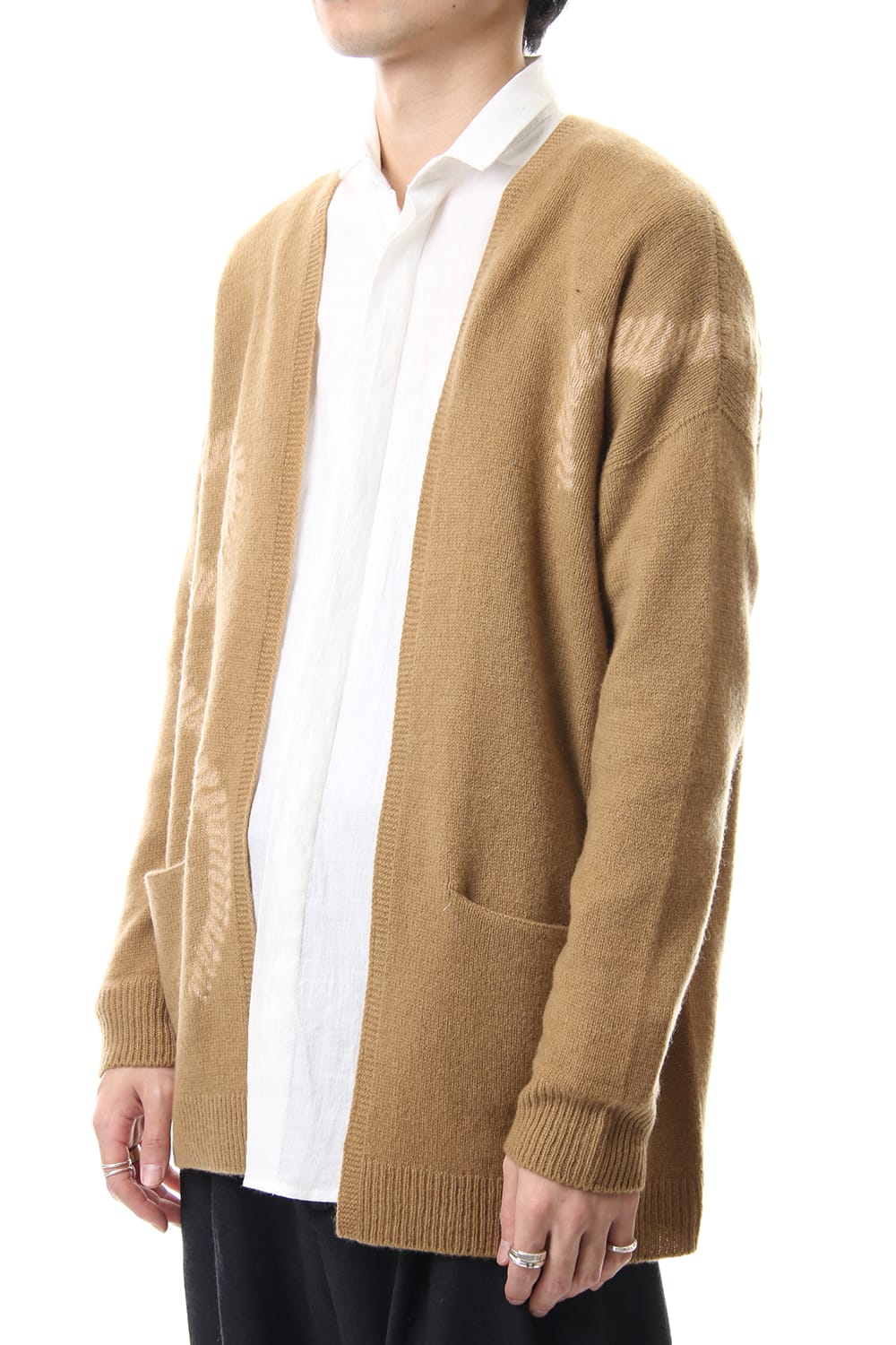 Cashmere Seamless Cardigan "Rope" Shibori Makinui Camel / Ecru