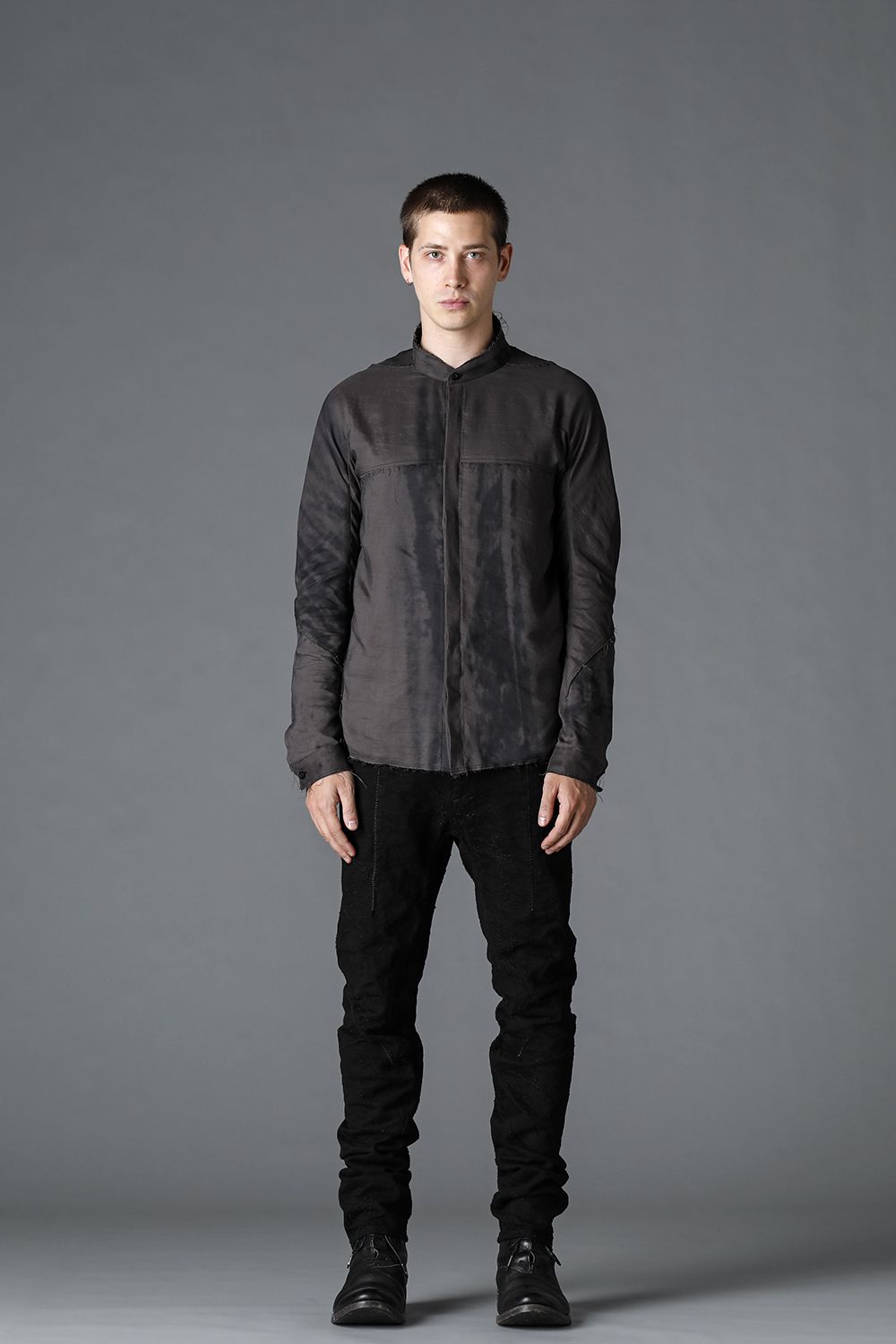 リネン×レーヨンプリントバンドカラーシャツ Charcoal