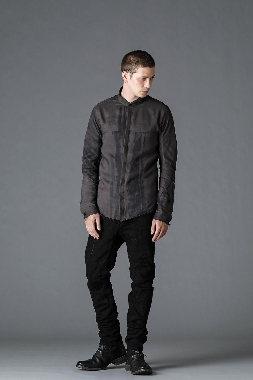 リネン×レーヨンプリントバンドカラーシャツ Charcoal