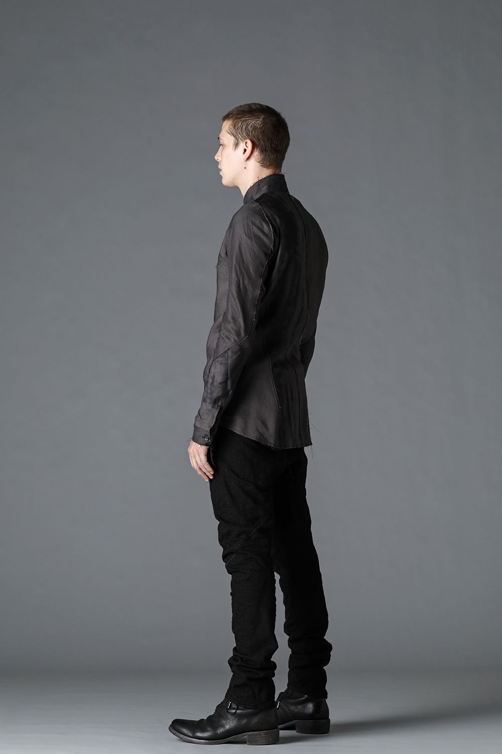 リネン×レーヨンプリントバンドカラーシャツ Charcoal