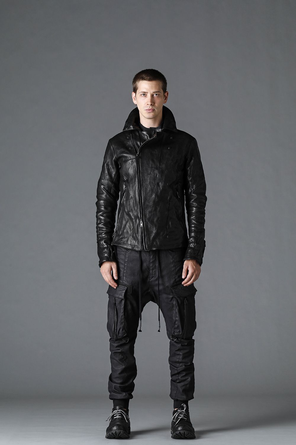 Carbon Coated Denim Drop Crotch Cargo Slim Pants