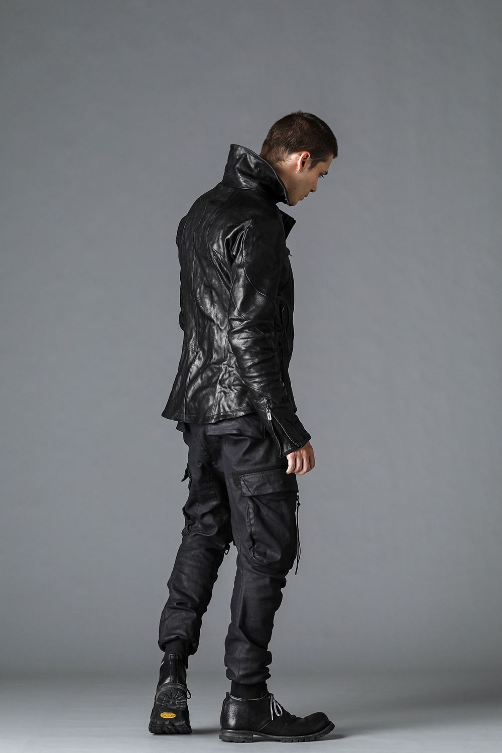 Carbon Coated Denim Drop Crotch Cargo Slim Pants