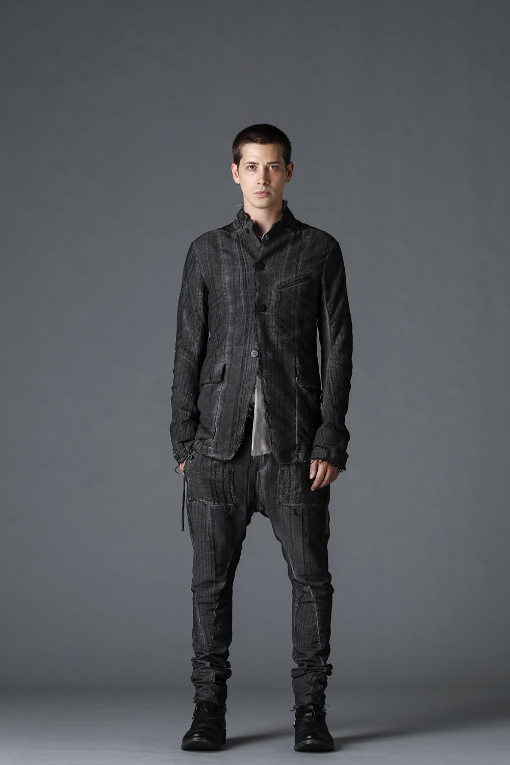 Linen and rayon jacquard stripe drop-crotch slim pants Charcoal