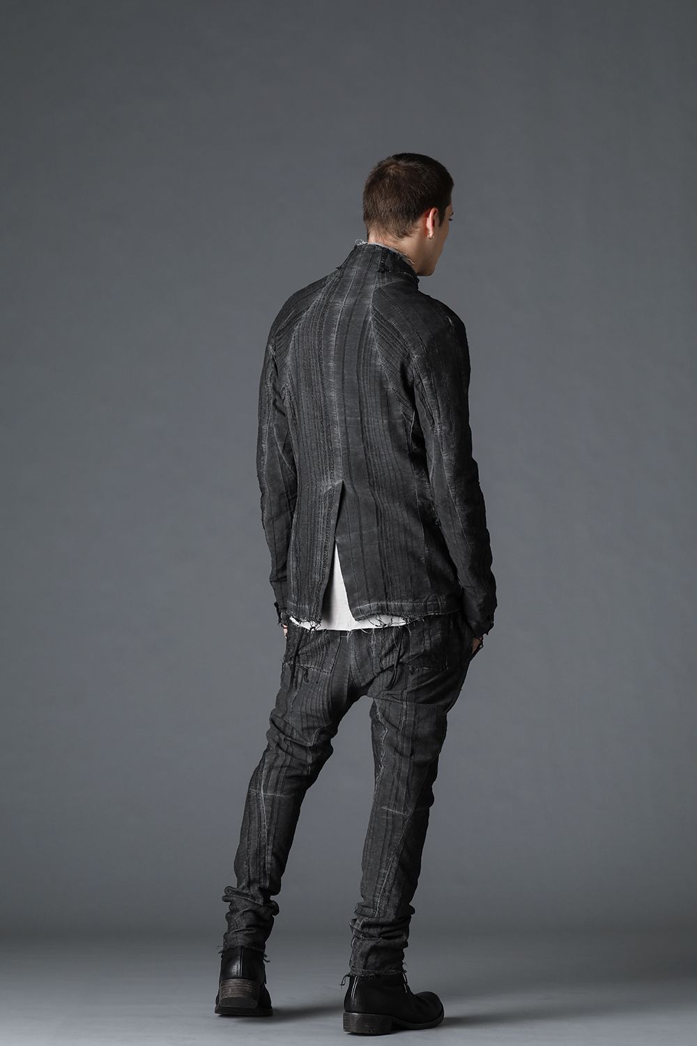 Linen and rayon jacquard stripe drop-crotch slim pants Charcoal