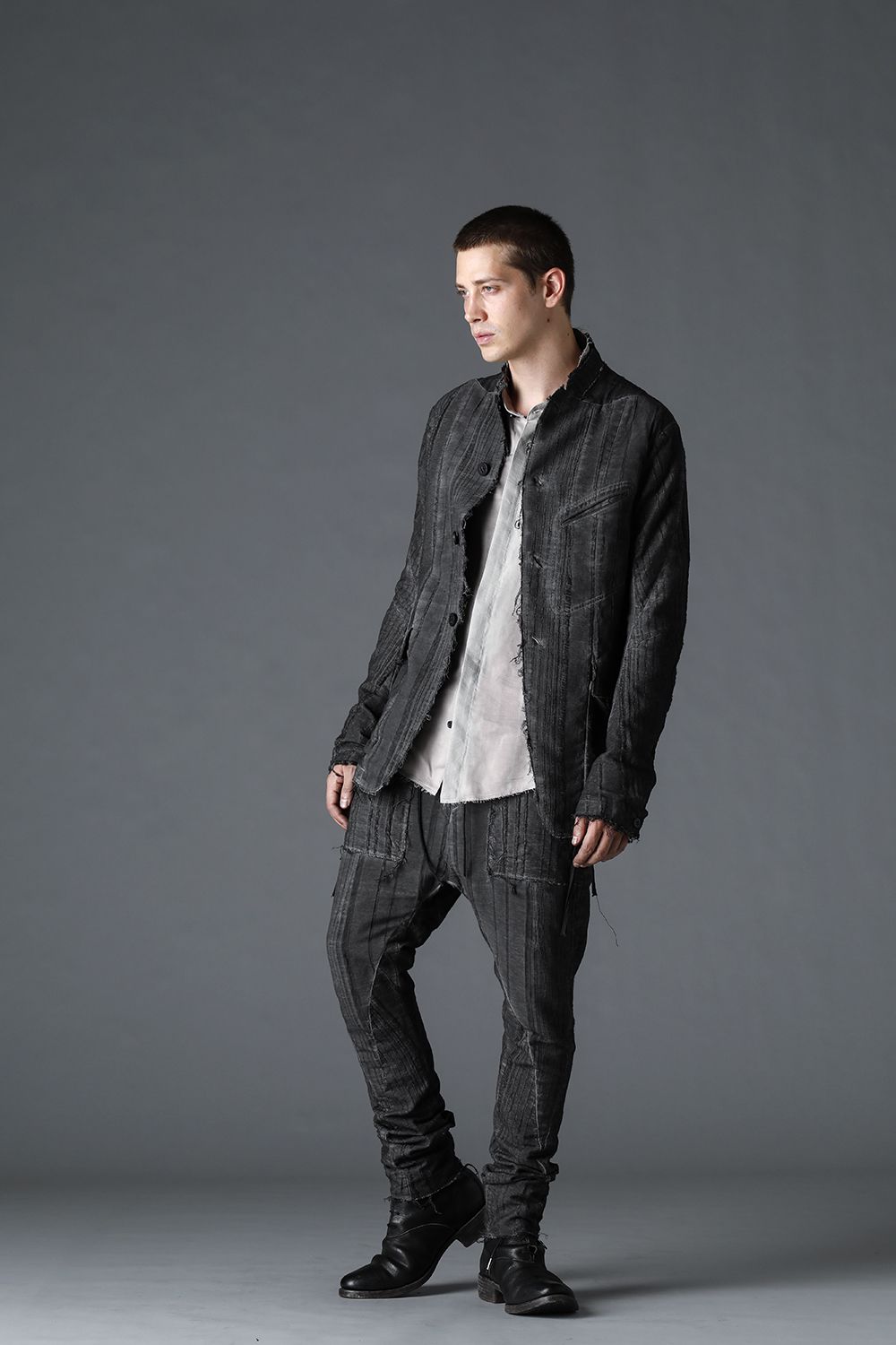 Linen and rayon jacquard stripe drop-crotch slim pants Charcoal