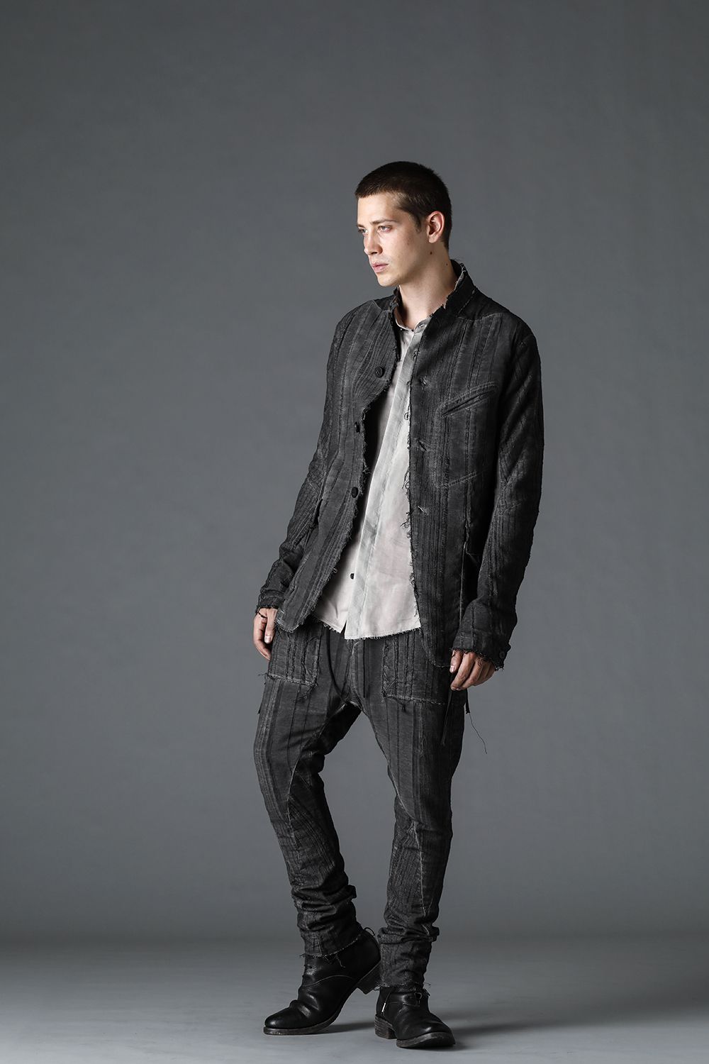 リネン×レーヨンジャガードストライプジャケット Charcoal