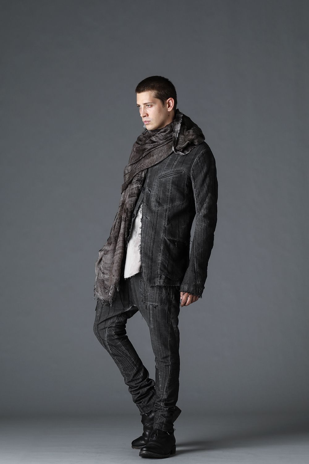 Linen and rayon jacquard stripe drop-crotch slim pants Charcoal