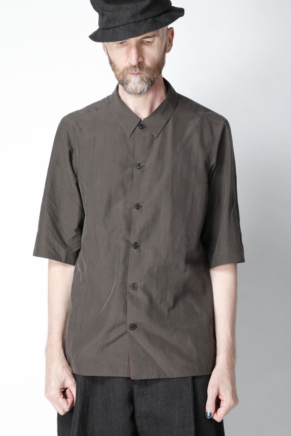 Short sleeve shirt silk/cotton broad sandblast finish Gray