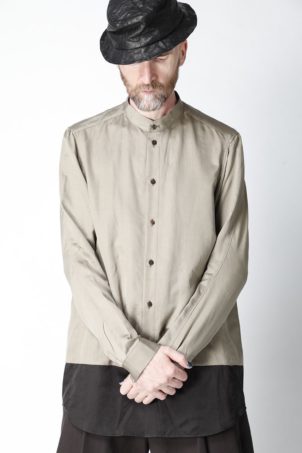 Shirt silk/wool satin sandblast finish Sand Beige Combi