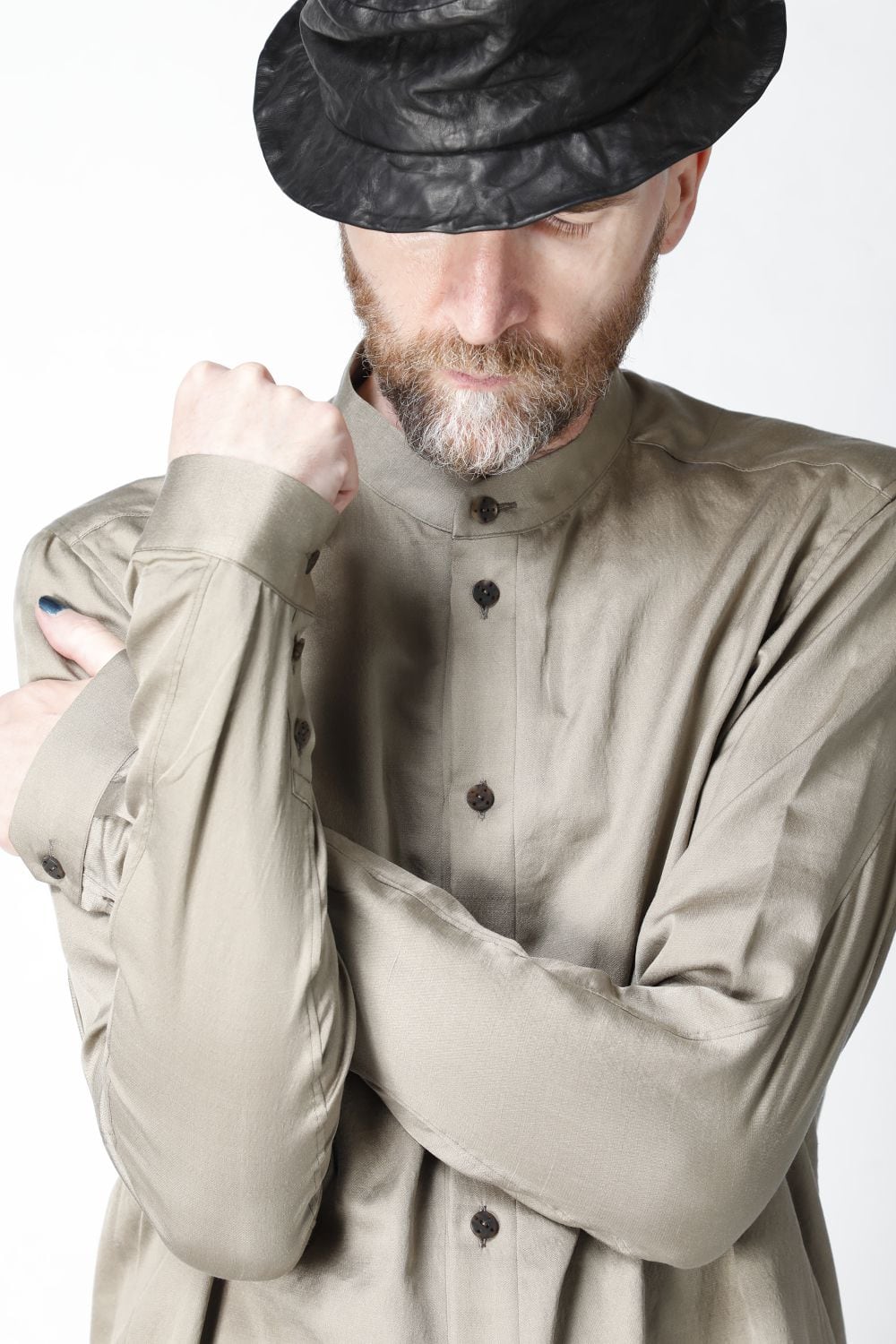 Shirt silk/wool satin sandblast finish Sand Beige Combi