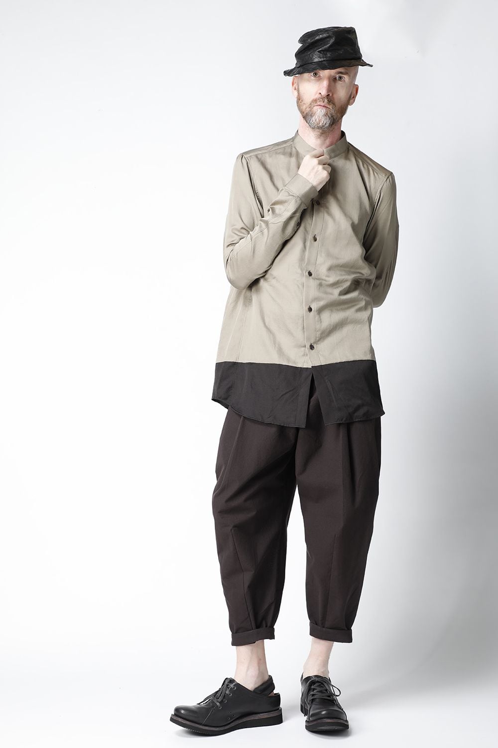 Shirt silk/wool satin sandblast finish Sand Beige Combi