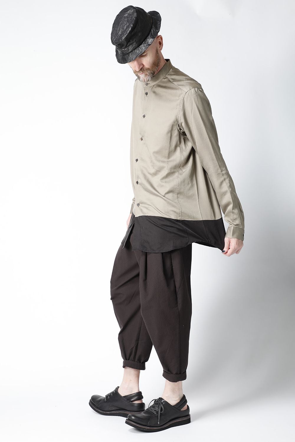 Shirt silk/wool satin sandblast finish Sand Beige Combi