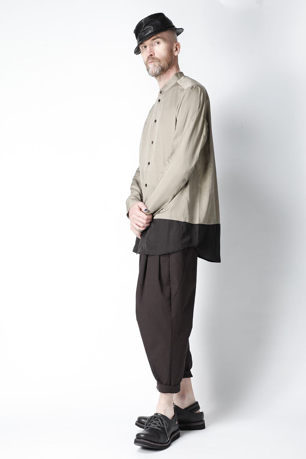 Shirt silk/wool satin sandblast finish Sand Beige Combi