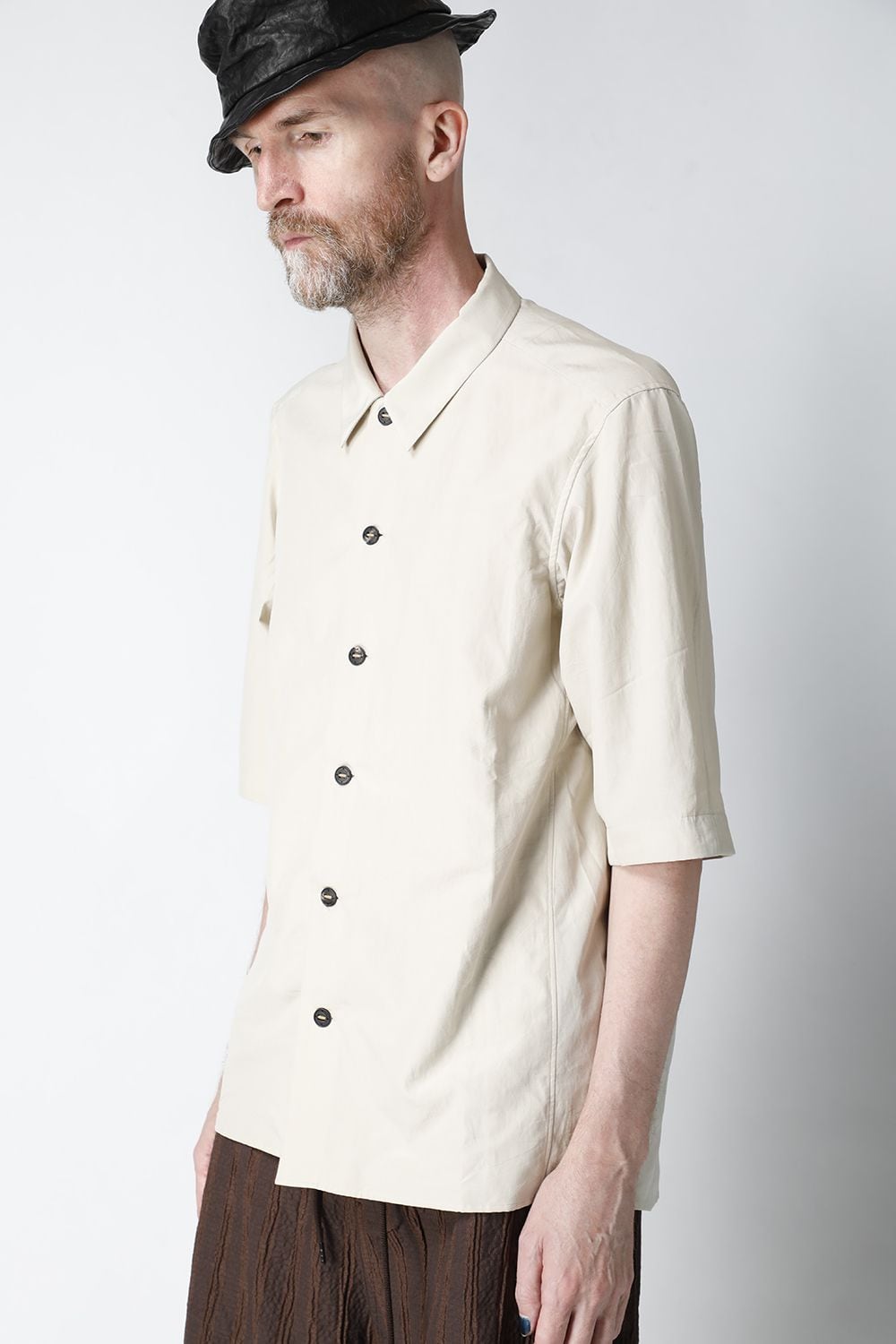 Short sleeve shirt silk/cotton broad sandblast finish Light Beige