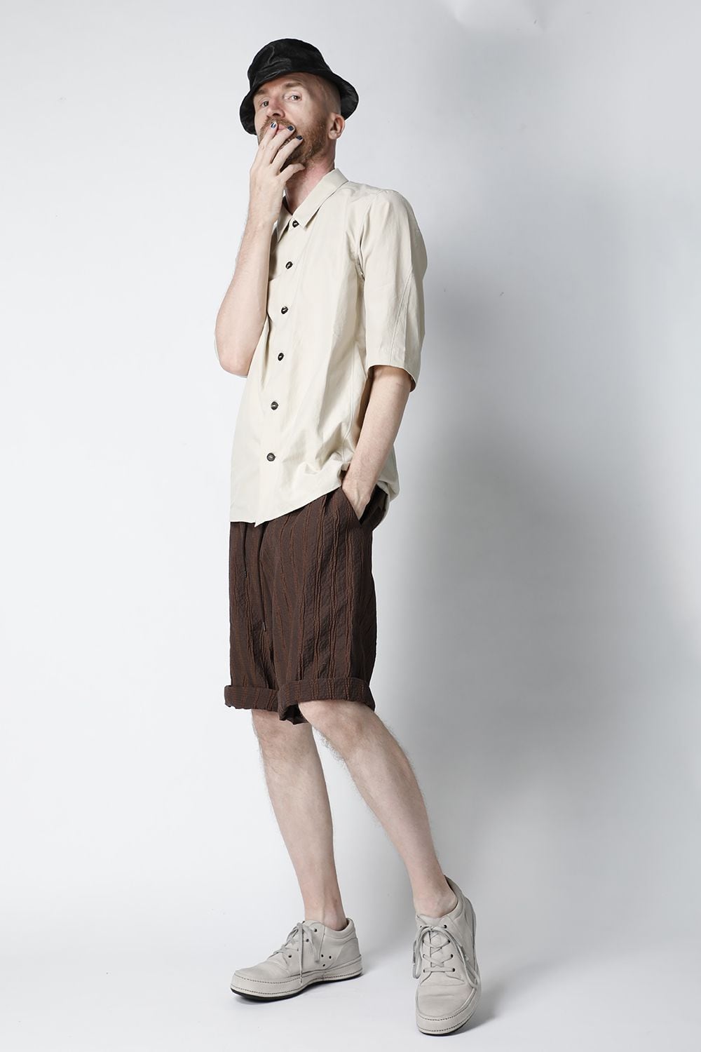 Short sleeve shirt silk/cotton broad sandblast finish Light Beige