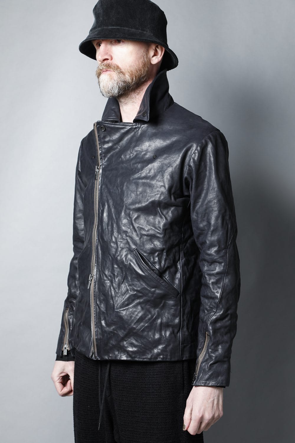 GUIDI Calf Leather Double Riders Jacket Dark Blue　