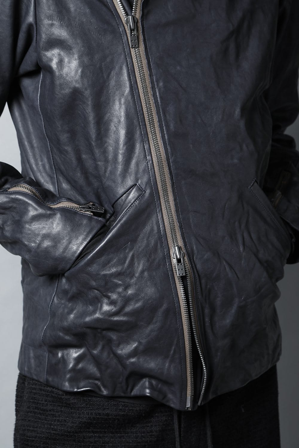 GUIDI Calf Leather Double Riders Jacket Dark Blue　